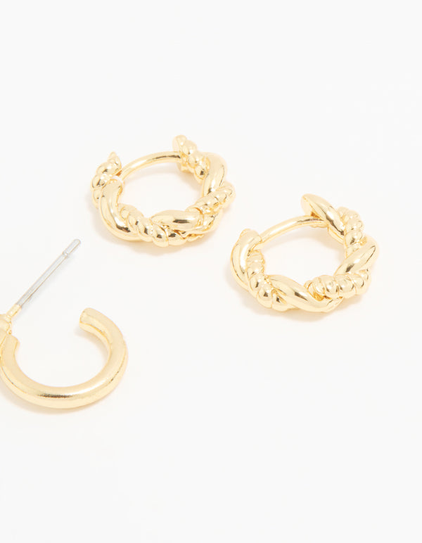 Gold Plated Brass Cubic Zirconia Small Stud & Huggie Earrings 3-Pack