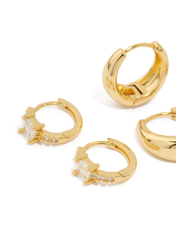 Gold Plated Brass Cubic Zirconia Huggie Earrings 3-Pack