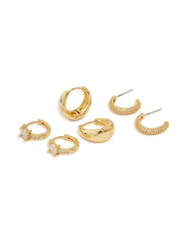 Gold Plated Brass Cubic Zirconia Huggie Earrings 3-Pack