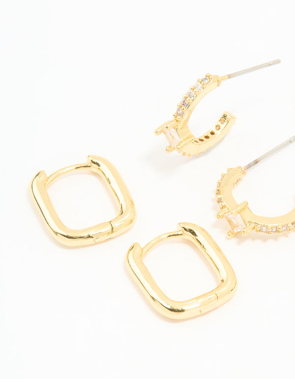 Gold Plated Brass Cubic Zirconia & Plain Rectangle Earrings 4-Pack