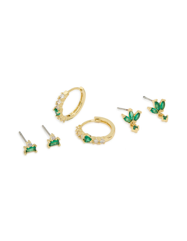Gold Plated Brass Emerald Flower Stud & Huggie Earrings 3-Pack