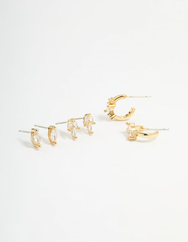 Gold Plated Brass Cubic Zirconia Vine Earrings 3-Pack