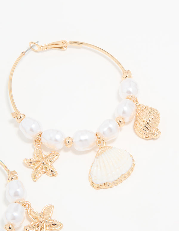 Gold Genuine Shell Pearl Starfish Hoop Earrings