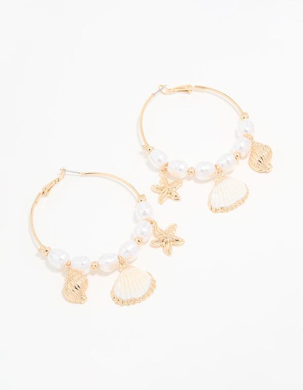 Gold Genuine Shell Pearl Starfish Hoop Earrings