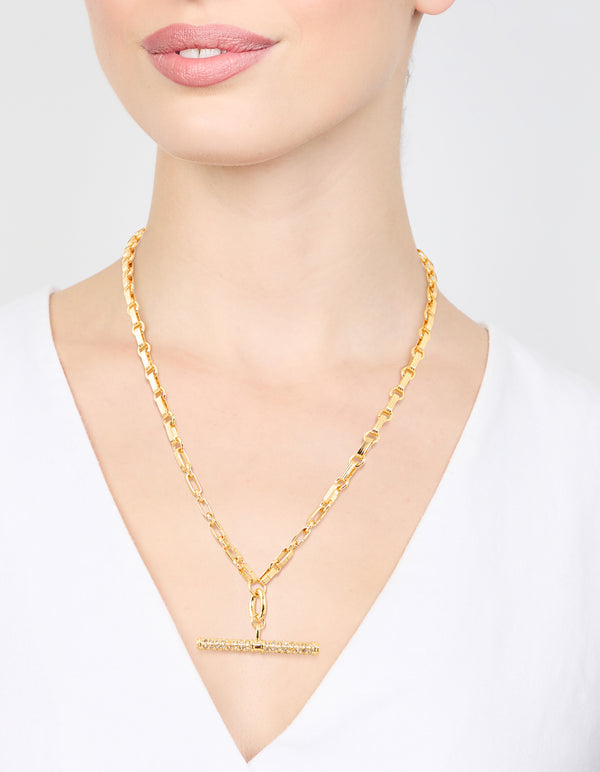 Gold Plated Diamante T-Bar Chain Necklace