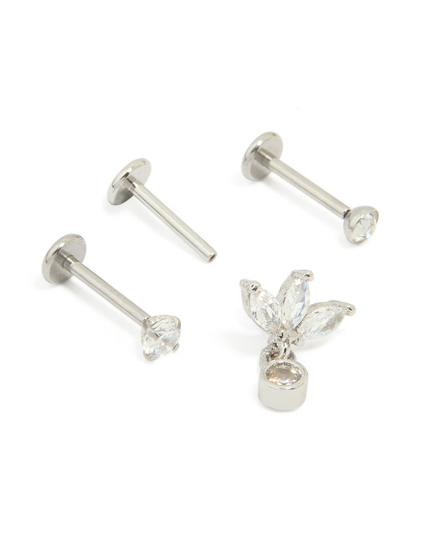 Surgical Steel Cubic Zirconia Drop Threadless Flat Back Studs 3-Pack