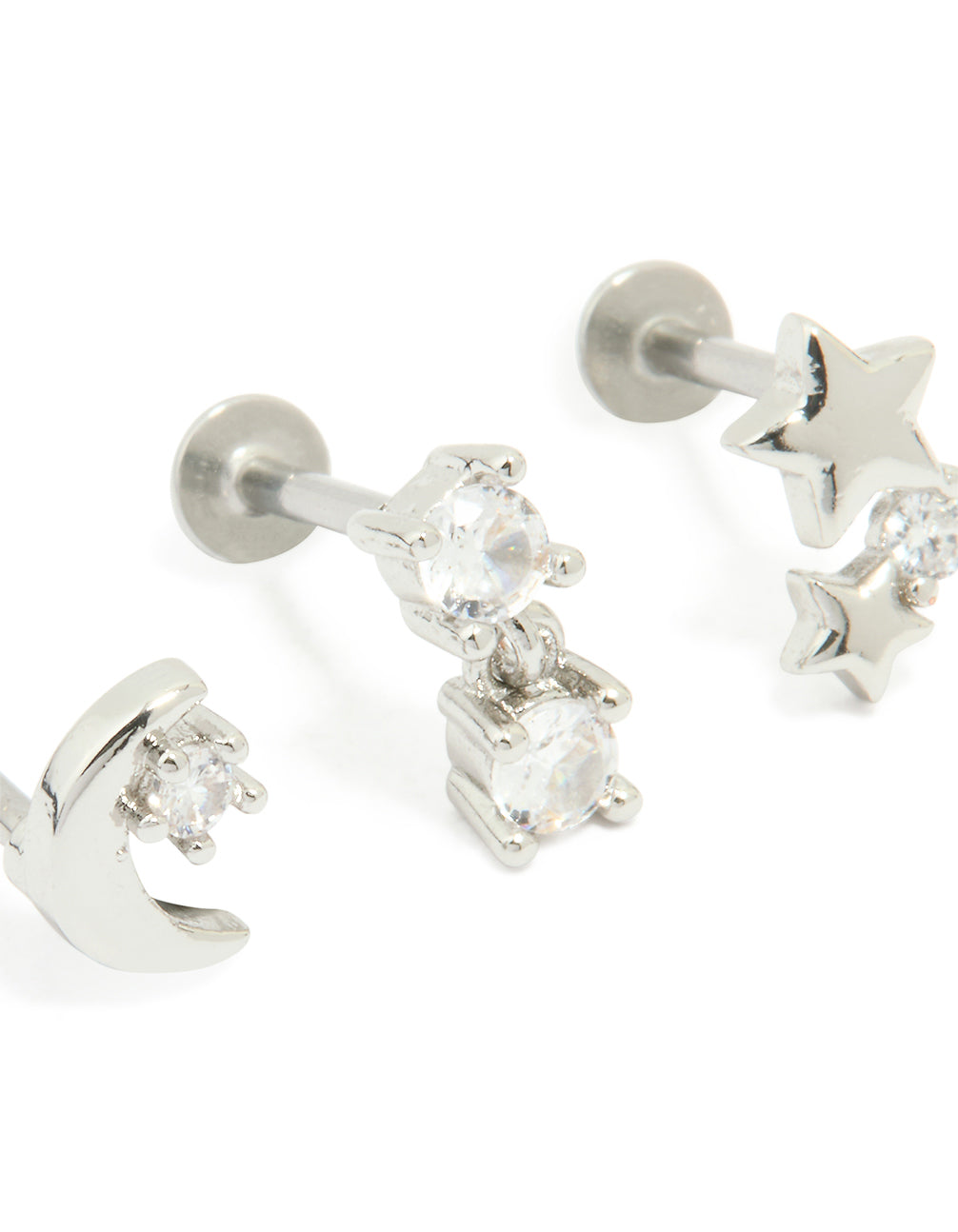 Surgical Steel Cubic Zirconia Mixed Threadless Flat Back Studs 3-Pack