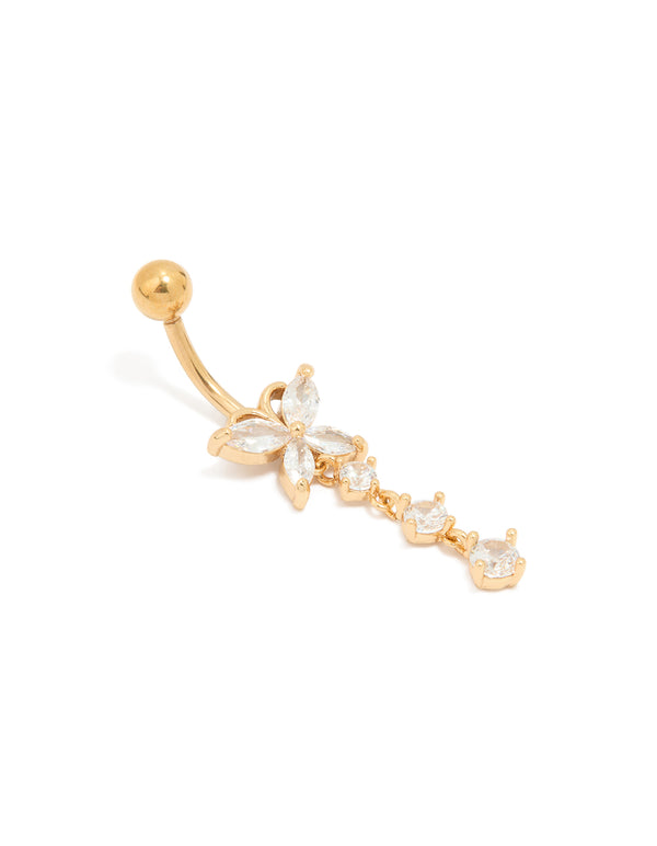 Gold Plated Titanium Cubic Zirconia Butterfly Drop Belly Bar
