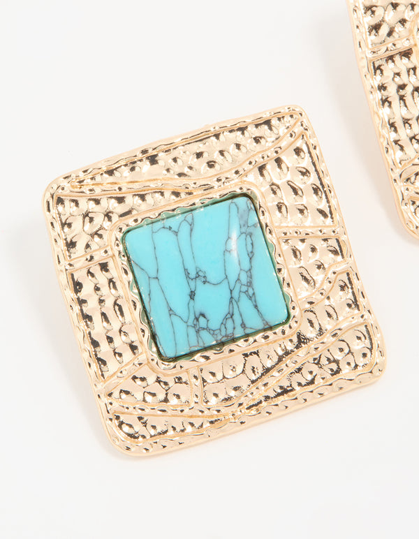 Gold Turquoise Textured Square Stud Earrings