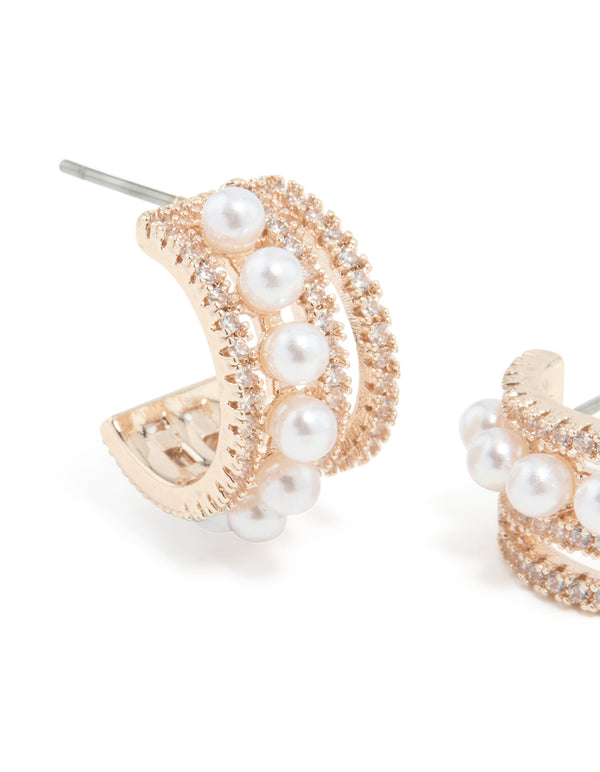 Rose Gold Plated Cubic Zirconia Pearl Hoop Earrings