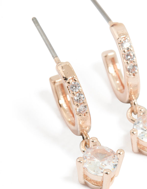 Rose Gold Plated Cubic Zirconia Huggie Drop Earrings