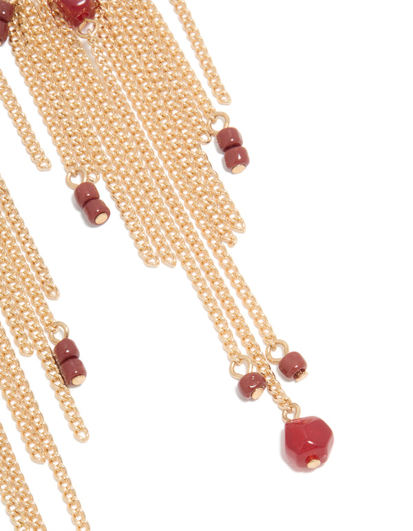 Gold Red Beaded Chain Hoop Earrings