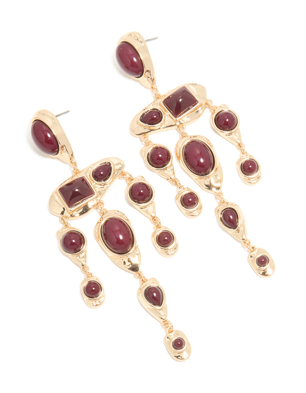 Gold Red Stone Mixed Shape Drop Earrings