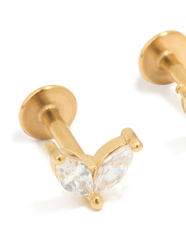 Gold Plated Surgical Steel Double Leaf Cubic Zirconia Flat Back Studs