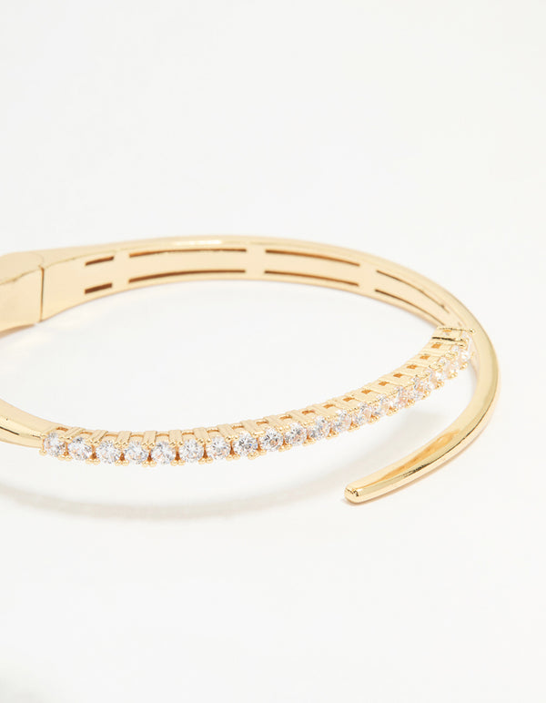 Stunning gold diamante hinge bangle with round cut stones close up view