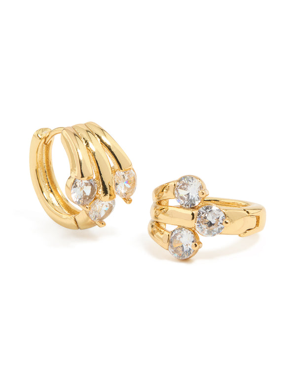 Gold Plated Cubic Zirconia Trio Graduating Huggie Earrings