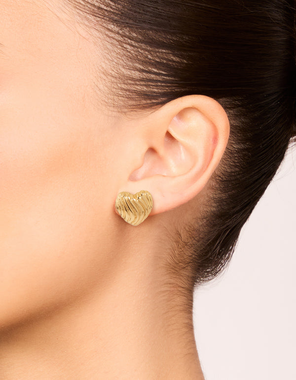 Gold Plated Ribbed Heart Stud Earrings