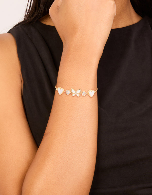 Gold Plated Cubic Zirconia Butterfly & Heart Toggle Bracelet