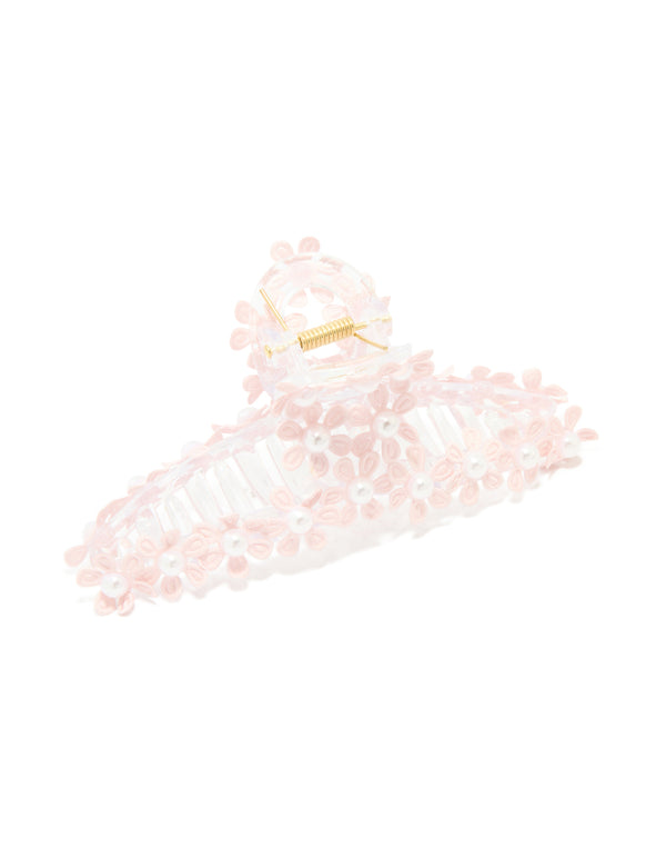 Pink Flowers & Pearls Loop Claw Clip