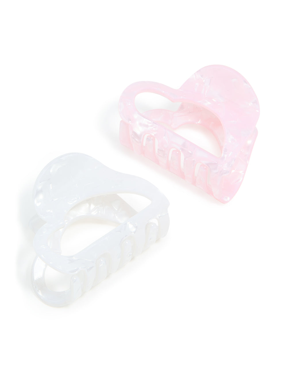 Featuring heart shaped 2-pack pink and white acrylic small claw clips front view