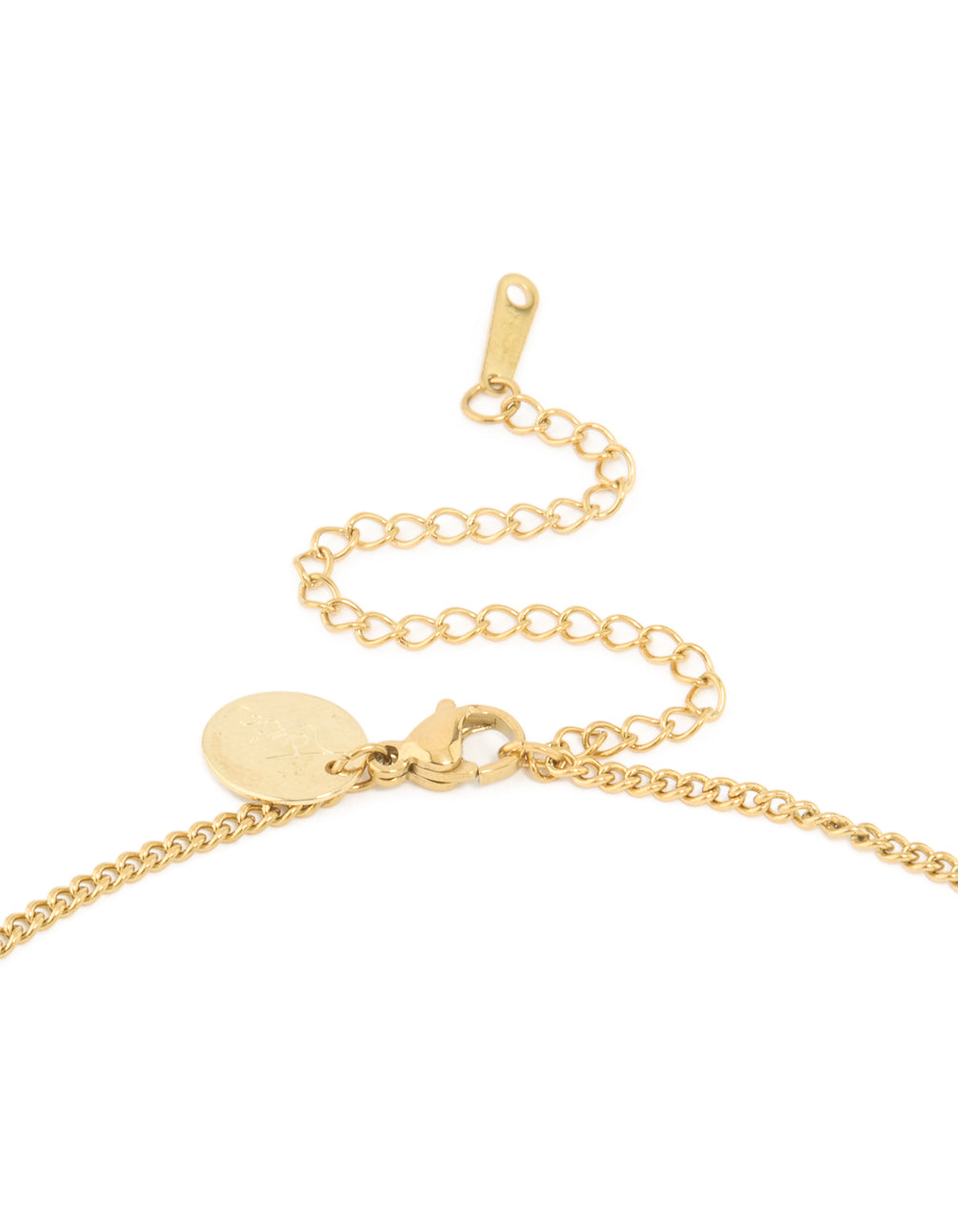 Highlighting a waterproof gold plated stainless steel dainty necklace with a circle Leo zodiac star sign pendant clasp detail view