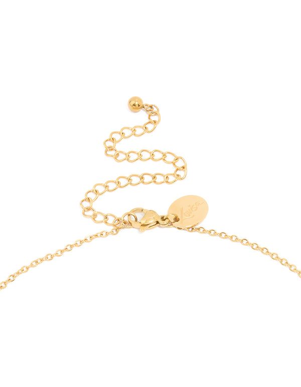 Detailed view of waterproof gold plated stainless steel bubble letter T pendant and necklace with adjustable chain and lobster clasp detail view