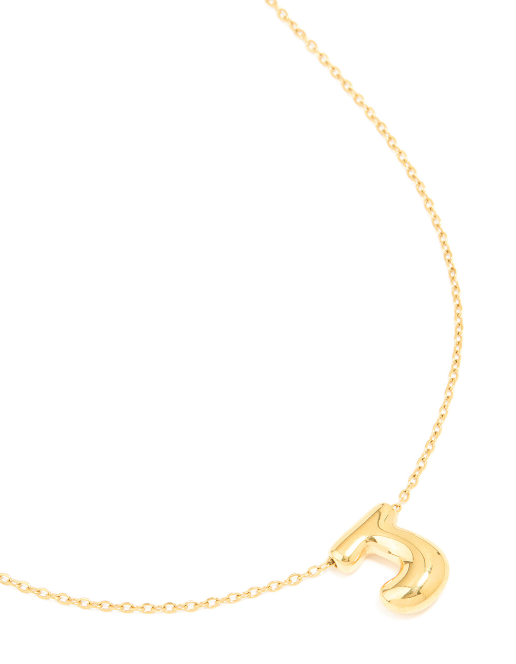 Showcasing a waterproof gold plated stainless steel large bubble letter J necklace with initial pendant close up view