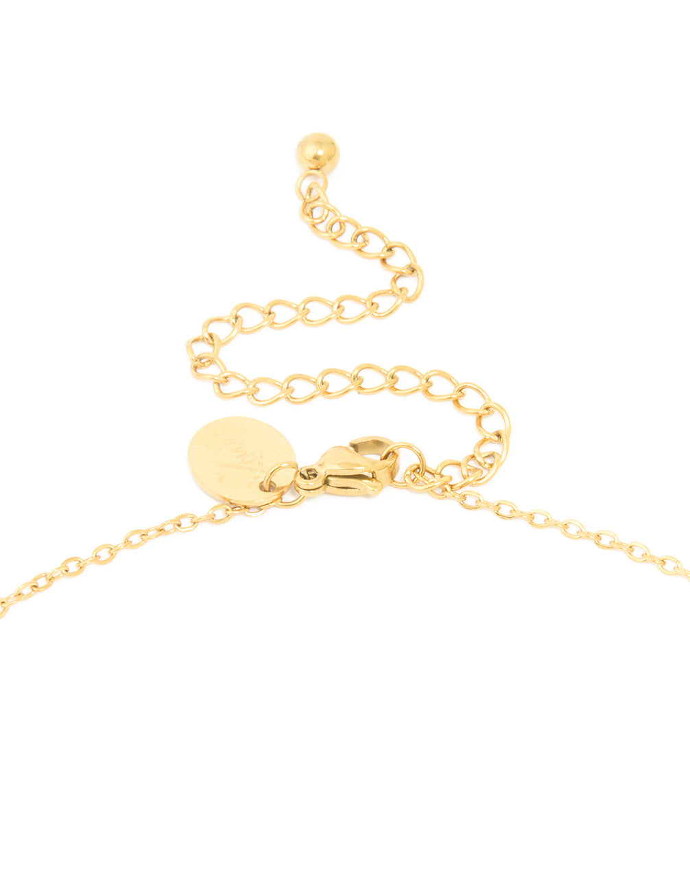 Highlighting the waterproof gold plated stainless steel large bubble letter J necklace with initial pendant clasp detail view
