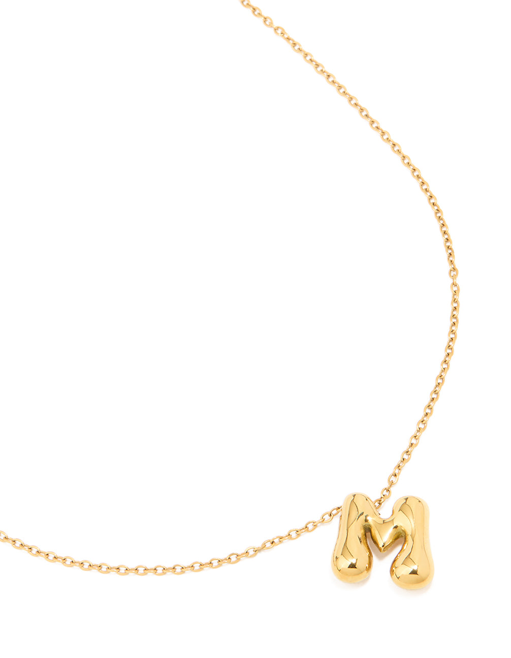 Featuring a waterproof large bubble letter M necklace with initial pendant in gold plated stainless steel close up view