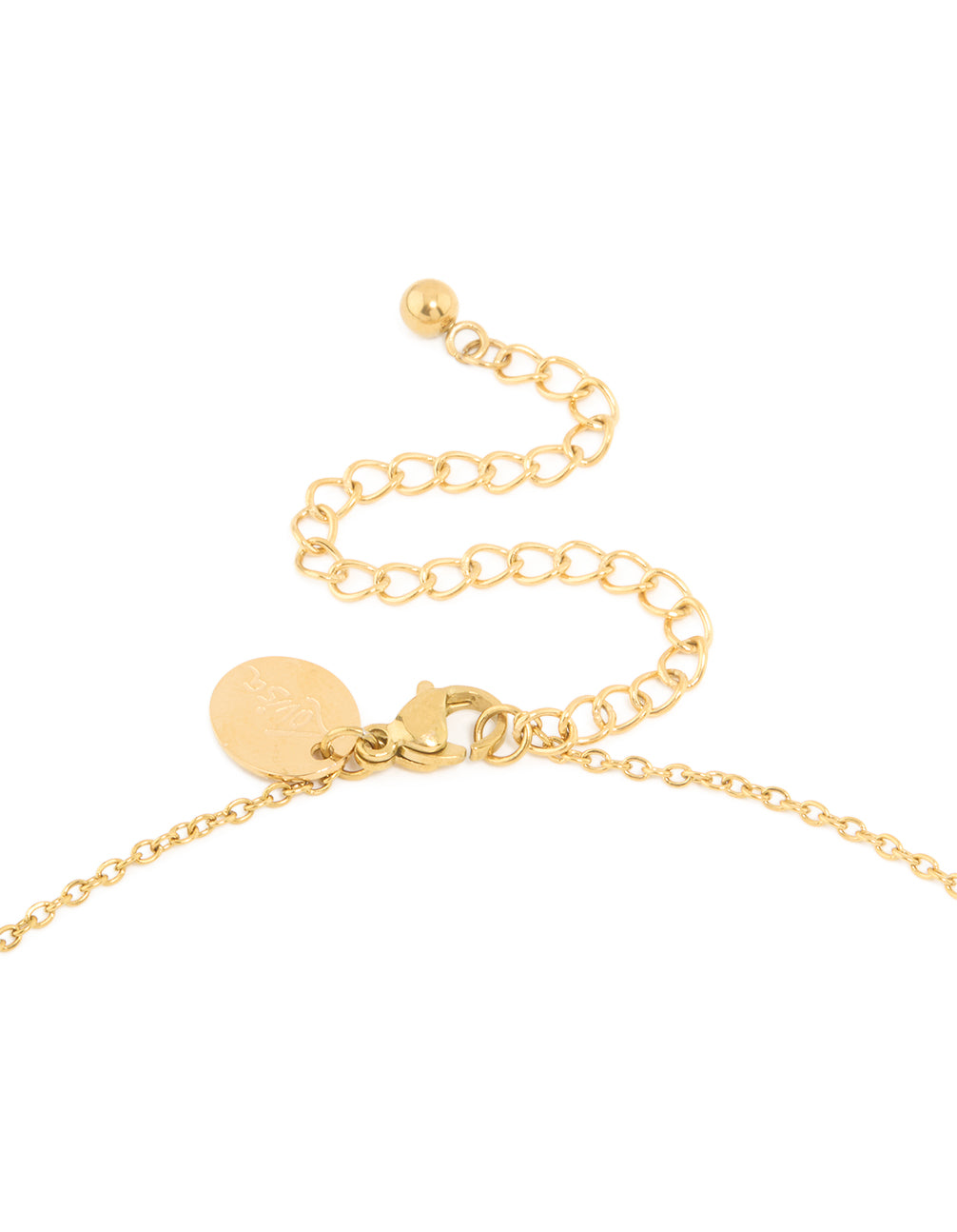 This waterproof gold plated stainless steel large bubble letter C necklace showcases initial pendant in dainty style clasp detail view