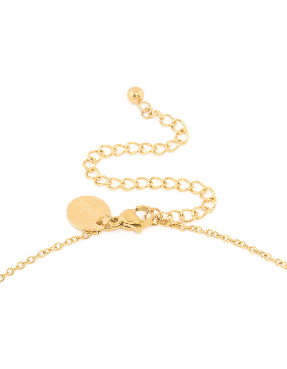 Presenting a waterproof gold plated stainless steel large bubble letter S dainty necklace with initial pendant and adjustable clasp detail view