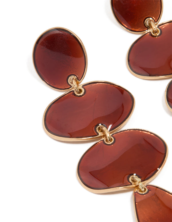 Gold Brown Organic Shape Drop Earrings