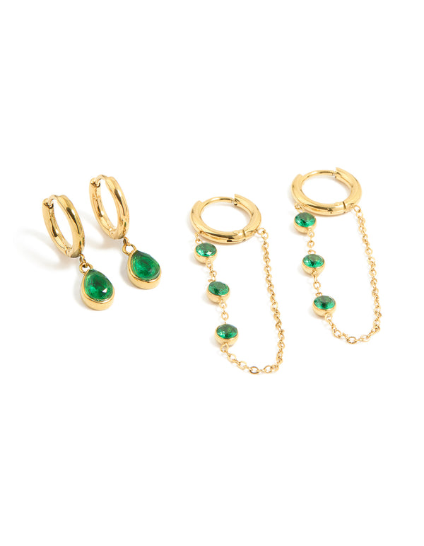 Waterproof Gold Plated Stainless Steel Green Cubic Zirconia Huggie Earrings 2-Pack