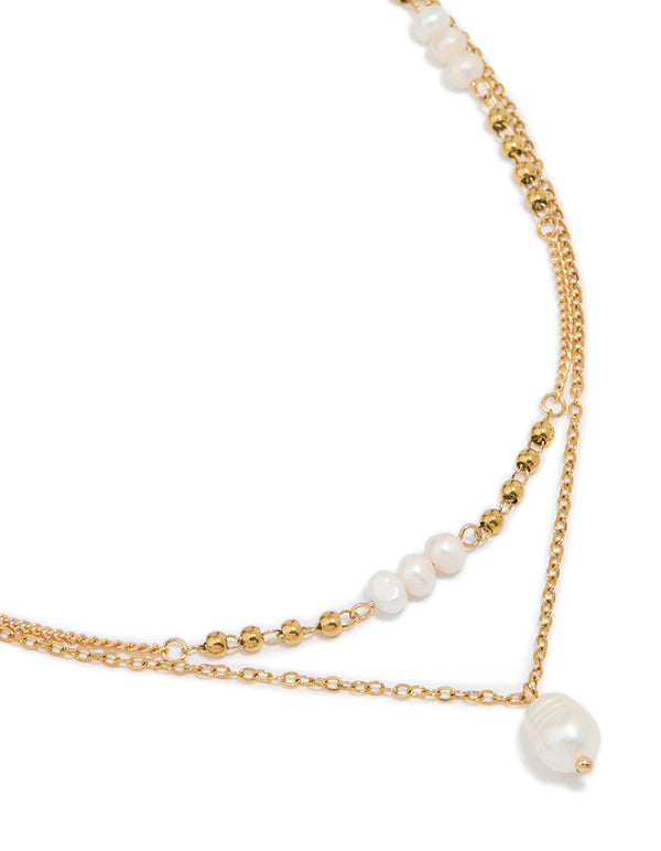 Waterproof Gold Plated Stainless Steel Pearl Dainty Layered Necklace