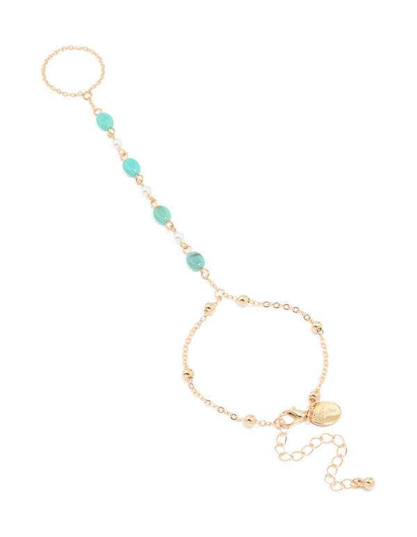 Gold Blue Bead & Pearl Hand Chain