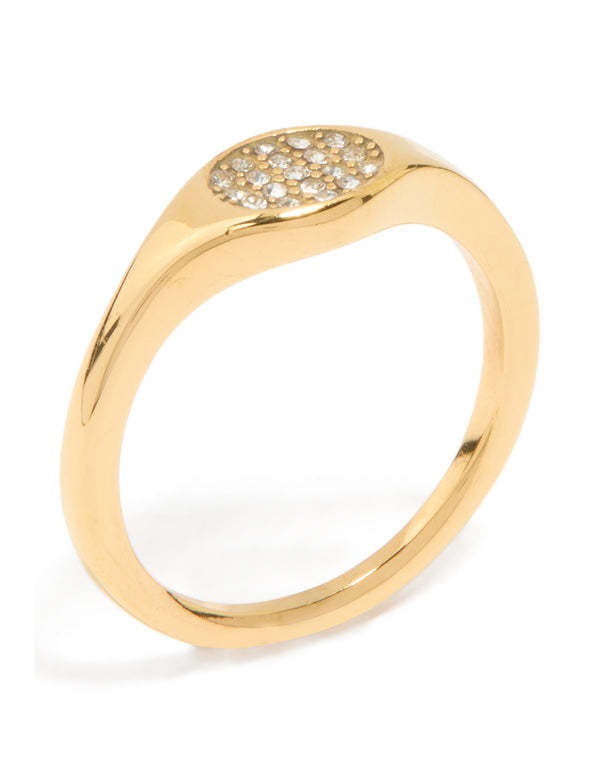Featuring a waterproof gold plated stainless steel diamante circle ring in clear accent side detail view