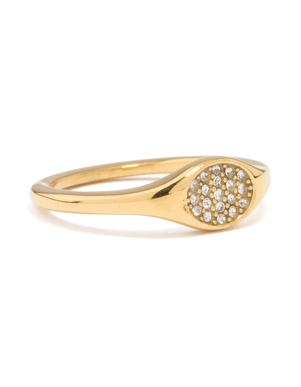 Showcasing a waterproof gold plated stainless steel diamante circle ring in clear tones front view