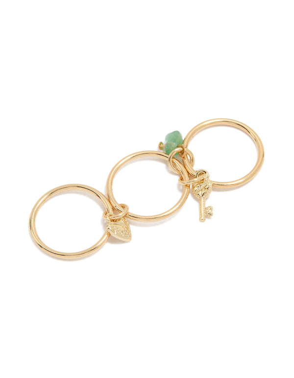 Gold Plated Green Semi Precious & Key Charm Rings 3-Pack