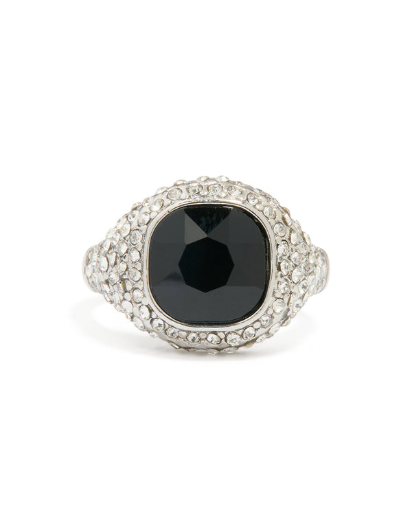 Silver Black Rhinestone Square Ring