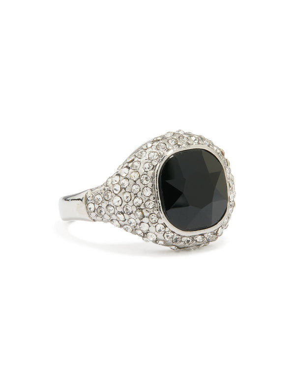 Silver Black Rhinestone Square Ring