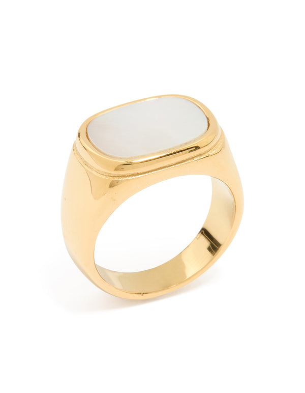 Elegant waterproof gold plated stainless steel square semi precious moonstone signet ring with chunky design side detail view