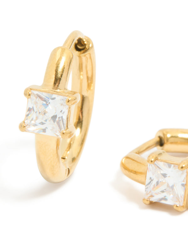 Gold Plated Princess Square Prism Hoop Earrings