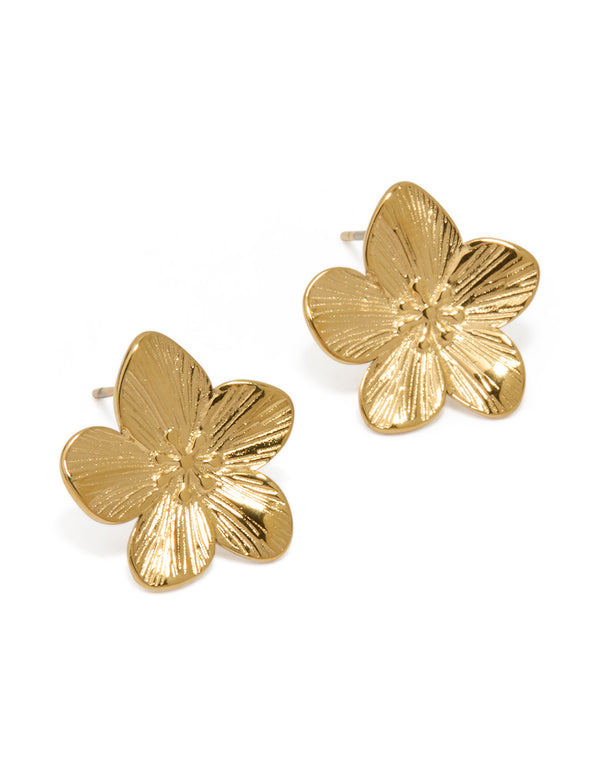 These waterproof stud earrings feature floral design in gold plated stainless steel front view