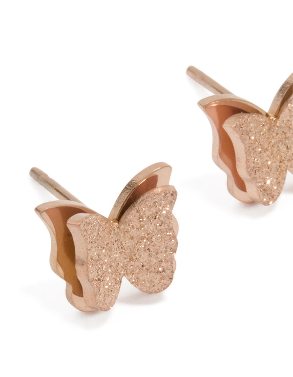 Rose Gold Plated Surgical Steel Sandblast Butterfly Stud Earrings