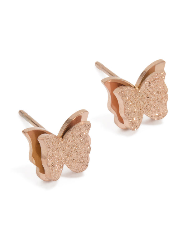 Rose Gold Plated Surgical Steel Sandblast Butterfly Stud Earrings