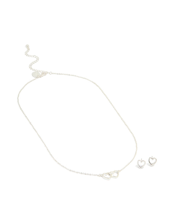 Silver Plated Double Heart Necklace & Earrings Set