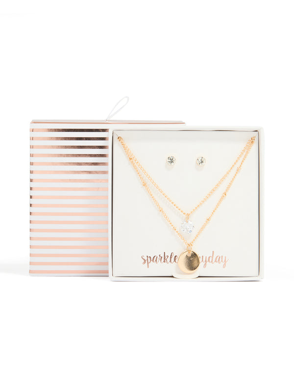 Gold Diamante Disc Layered Necklace & Earrings Set