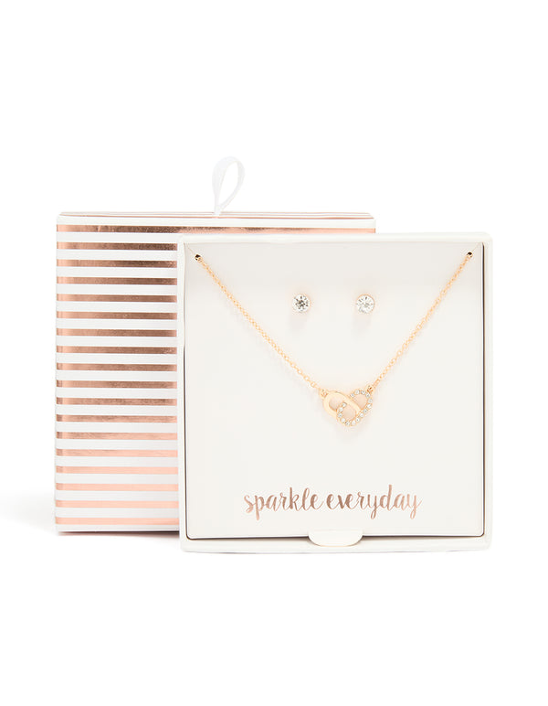 Gold Overlapping Heart Necklace & Diamante Earrings Set