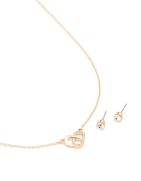 Gold Overlapping Heart Necklace & Diamante Earrings Set