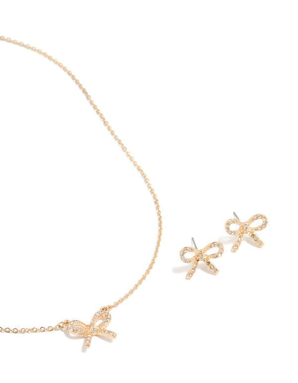 Gold Diamante Bow Pendant Necklace & Earrings Set